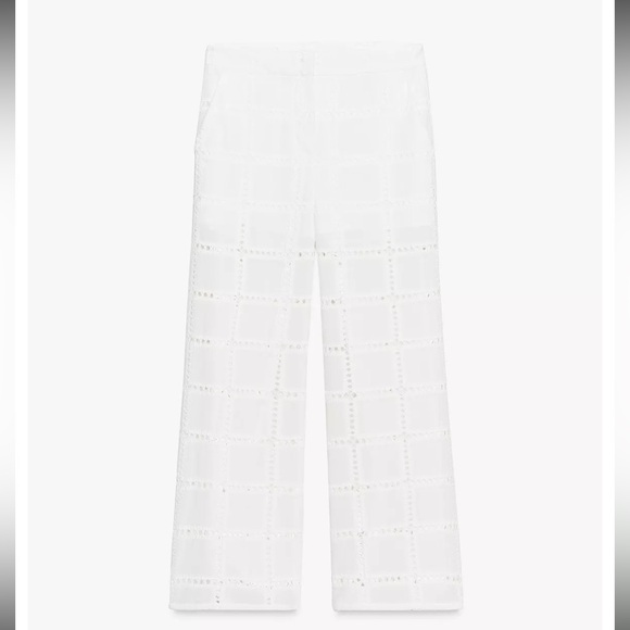 NWT Zara White High Waist Straight Leg Eyelet Pants In Organic Cotton. Size S - Picture 2 of 4